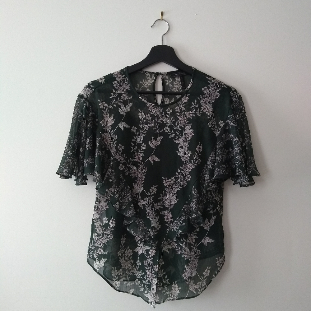 BCBG MaxAzria Forest Green Floral Sheer Top